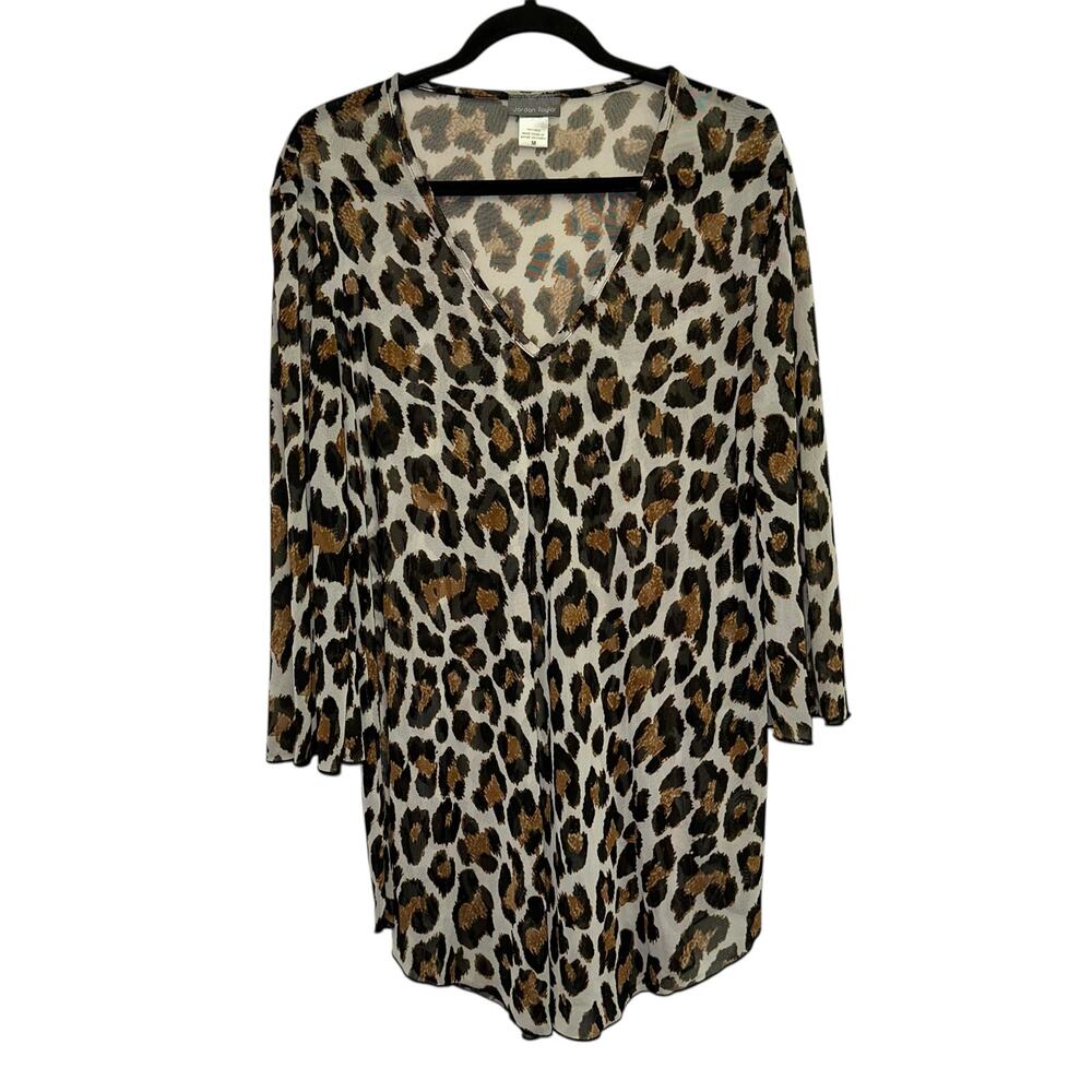 Jordan‎ Taylor Leopard Print Sheer Cover Up Tunic V Neck Long Sleeve M